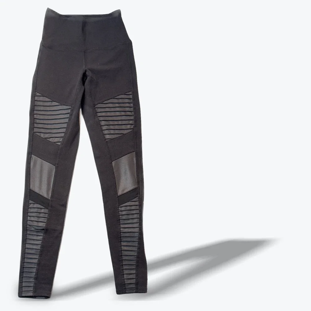 Alo Yoga Moto Leggings Black High Waisted Ribbed Panel Athletic Pants Womens‎ XS